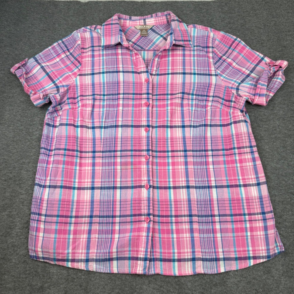White Stag Button Down Shirt Kids L 12-14 Pink Plaid Short Sleeve Cotton Blouse